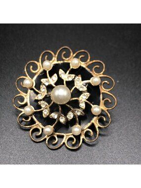 Exquisite Vintage Signed Cora Faux Pearl and Crystal Brooch